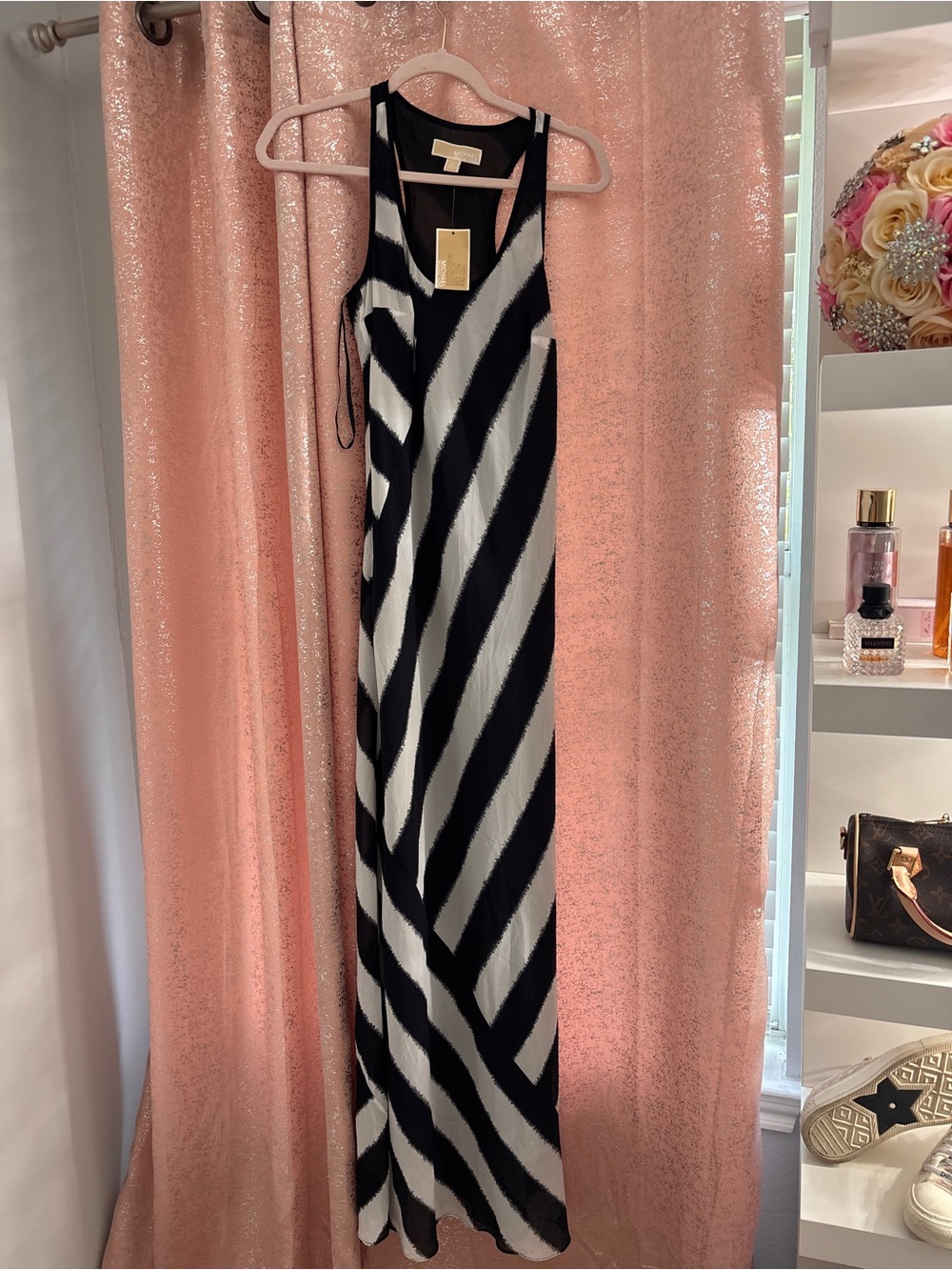 Michael Kors Black and White Striped Midi Dress